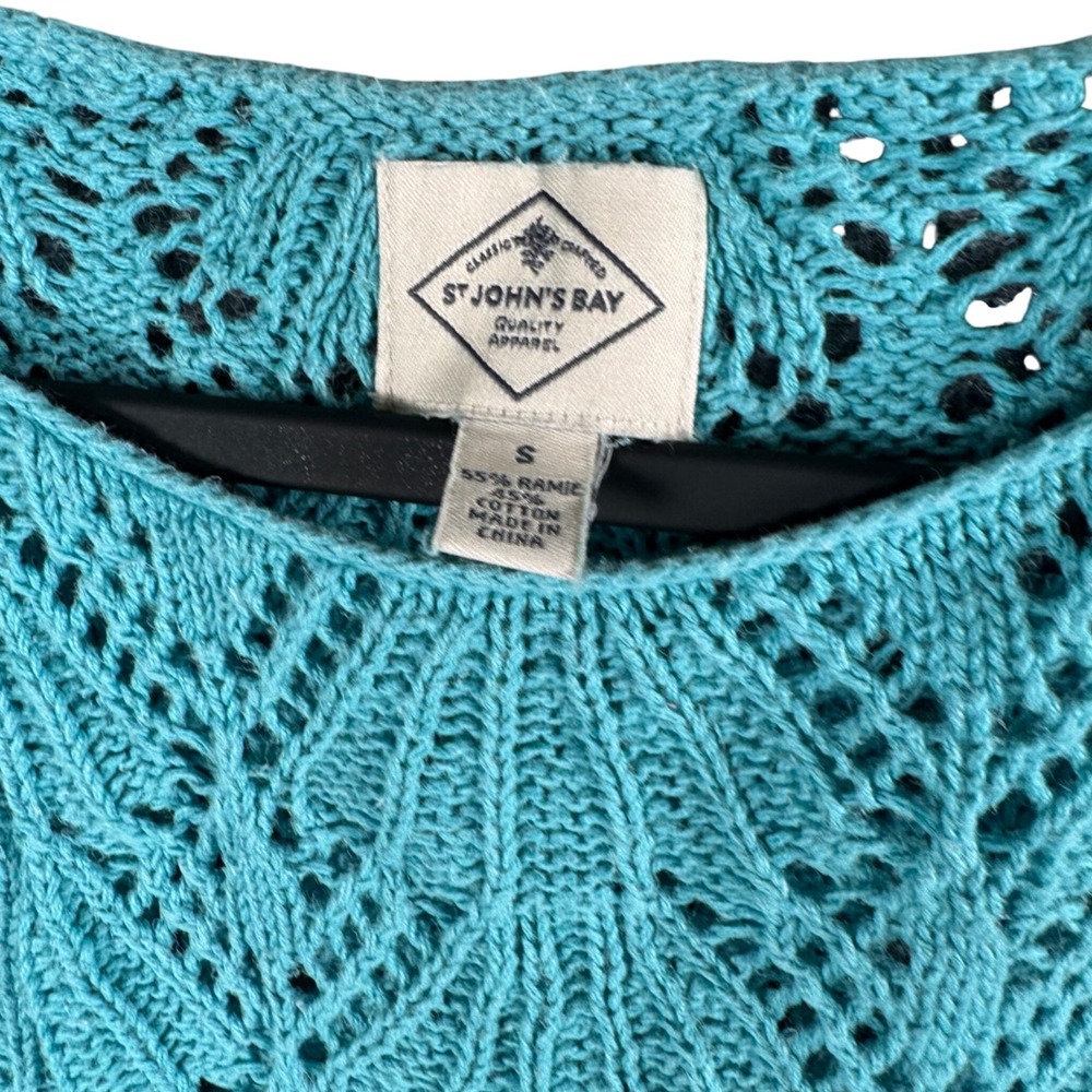 St.‎ John's Bay Teal Blue Lace Crochet Knit Cottagecore Grannycore Sweater Top S - Picture 2 of 6